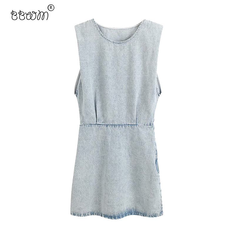 

Women Chic Fashion Sleeveless Denim Mini Dress Vintage Elegant O Neck Dresses Female Chic Outfits 210520, As picture