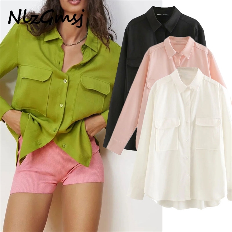 

Blouse Women Pockets Oversized Verticality Shirts Vintage Long Sleeve Asymmetric Loose Female Blouses Chic Top 04 210628, As picture