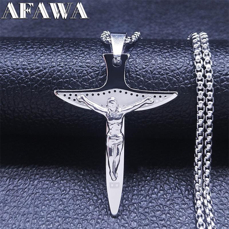 

Pendant Necklaces Christian Cross Jesus Stainless Steel Charm Women/Men Silver Color Necklace Jewelry Colliers NXH346S02