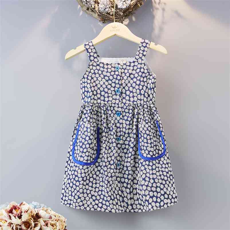 

Arrivals Summer Girls Dress Cute Strap Single Breasted Print Fliral Vestidos 2-7T 210629, Blue