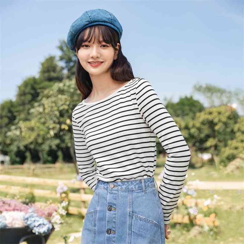 

INMAN Autumn Winter Vintage Striped Cotton Long Sleeve Top Korean Fashion Slim Versatile Round Neck Bottomed Women's T-shirt 210720, Black