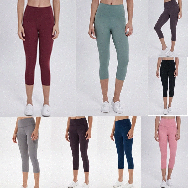 

seamless womens yoga leggings suit capri pants High Waist Align Threaded Sports mid-calf Raising Hips Gym Wear Elastic Fitness Tights Workout 02