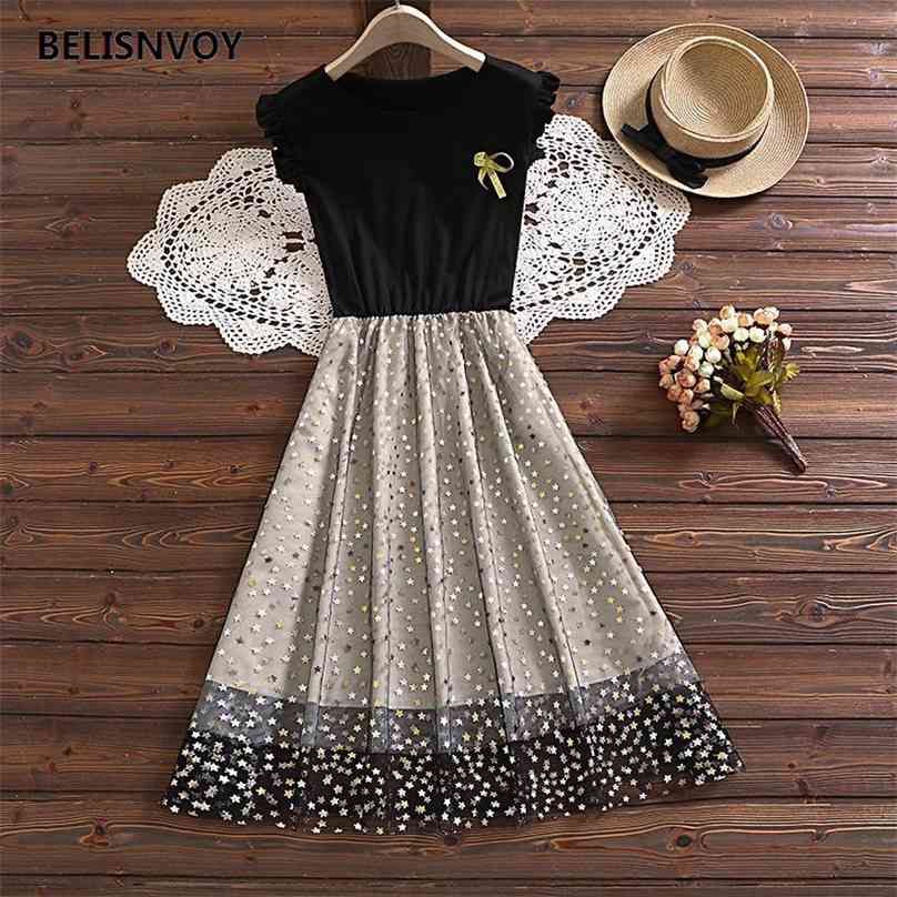 

Summer Preppy Style Sweet Tulle Vestidos Women Ruffles Sleeveless Sundress Mesh Stars Sequined Dress Black Bow Midi Dresses 210520