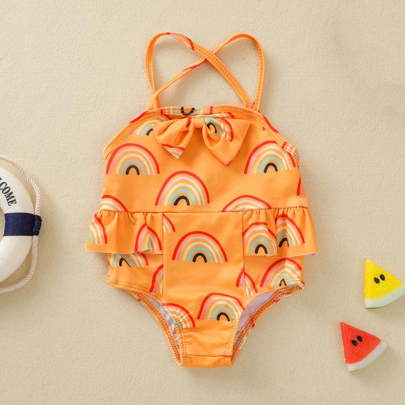 

One-Pieces 2022 Toddler Baby Girls Swimsuit Rainbow Print Bow Front Sleeveless Ruffle Beach Bathing Swimming Suit, Black