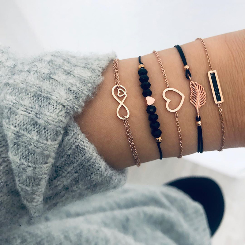 

4 Pcs/ Set Gold Color Chain Bracelets Set for Woman Gold Color Heart Leaf Infinity Charm Wedding Bracelets Bangles
