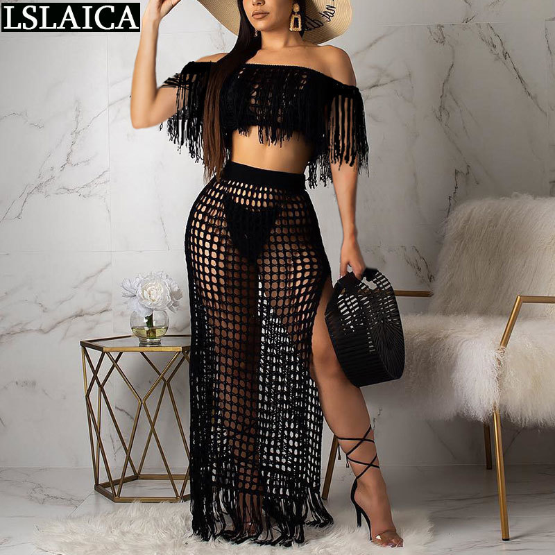 

Sexy Outfits for Woman Beach Night Club Fashion 2 Piece Set Women Exposed Navel Hollow Out Tassel Thigh Slit Skirt 210520, Black