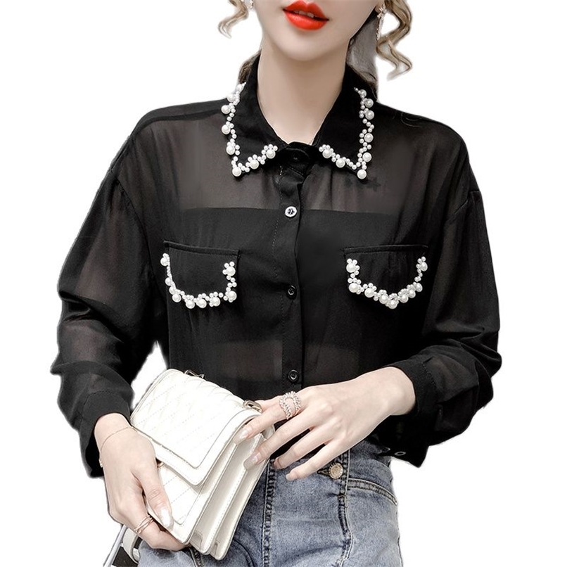 

Pearl shirt chiffon foreign style sunscreen long-sleeved sexy top summer and Korean fashion women 210520, Black