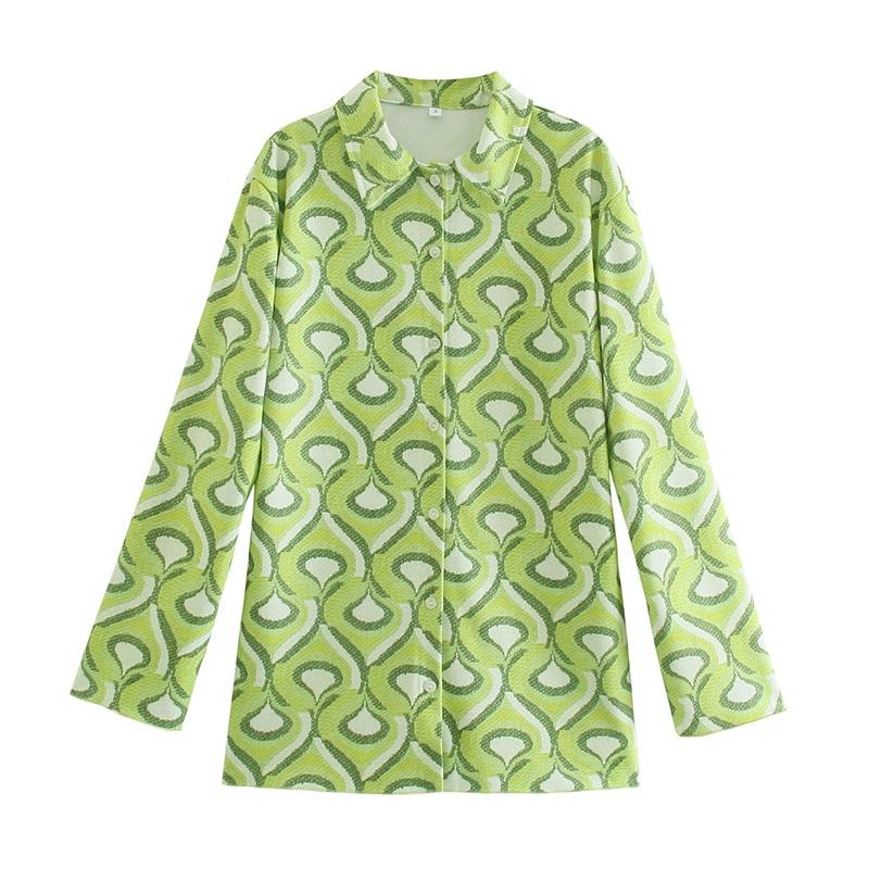 

Women' Blouses & Shirts MESTTRAF Women 2021 Fashion Geometric Graphic Printed Top Retro Long Sleeve Lapel Casual Button Shirt Streetwear, As picture