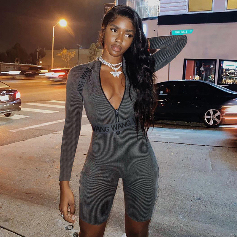 

letter printed striped elasticity zipper jumpsuit women 2020 fall streetwear playsuit slim fit casual biker shorts romper, Black;white