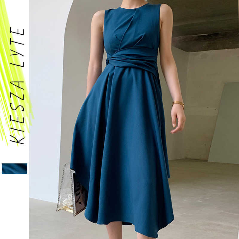 

Women Blue Dress Fashion Round Neck Tie Waist Sleeveless Irregular Swing Midi Dresses Elegant Runways Clothing 210608