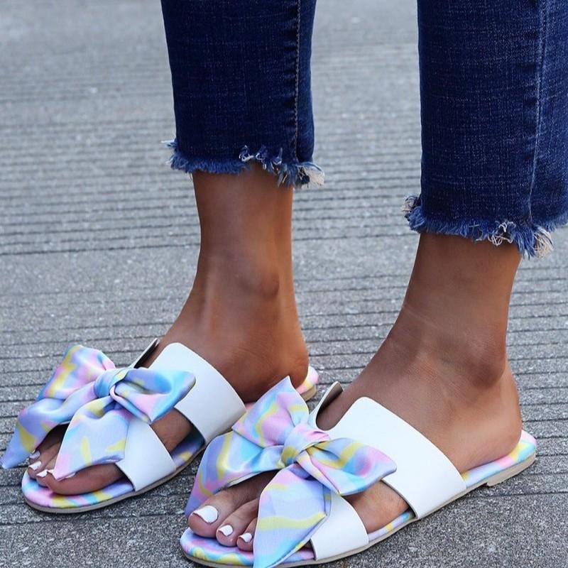 

Slippers Casual Summer Women's 2021 Fashion Simple Vamp Printed Bow Decoration Sweet Open-toed, Black