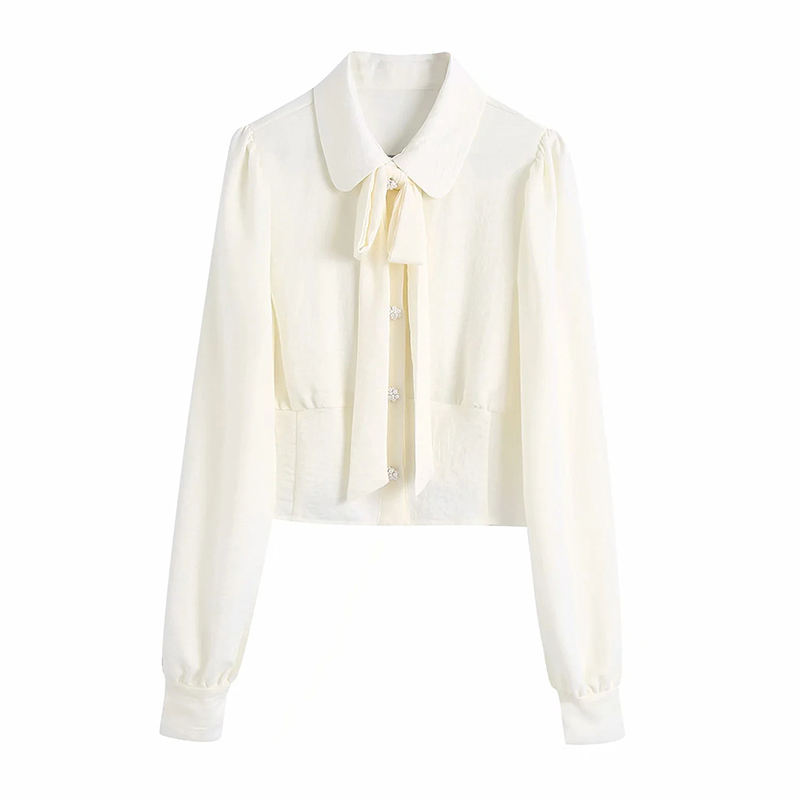 

Women Exquisite Faux Pearl Inlaid Buttons Neckline Bow-Knot Lace Shirt Female Elegant Wearable Long-Sleeved Tops 210520, As picture