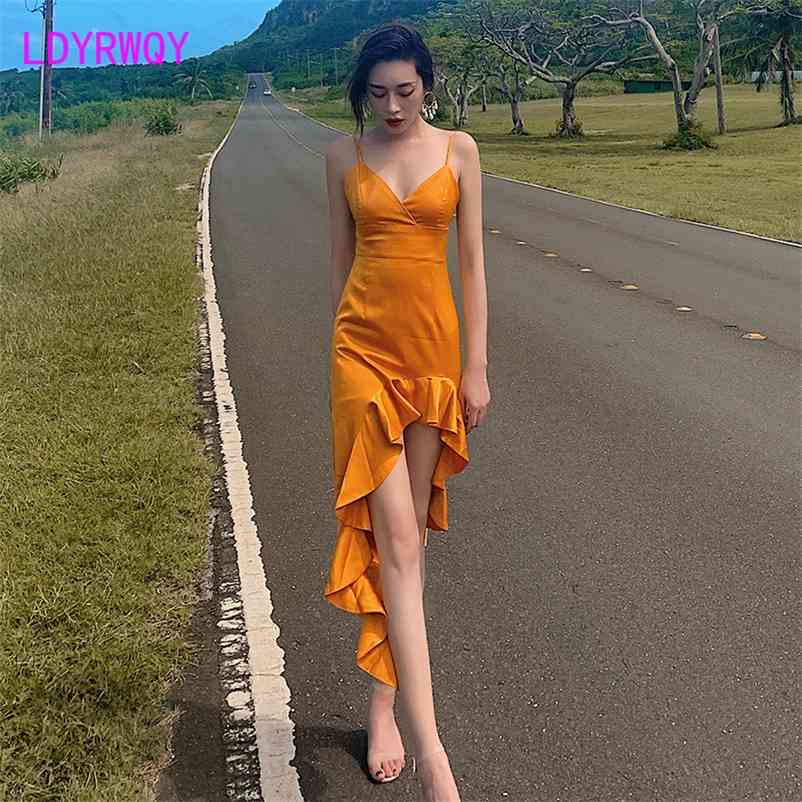

LDYRWQY summer Thailand beach sling fashion sexy V-neck slim solid color dress Office Lady Polyester 210603, Orange