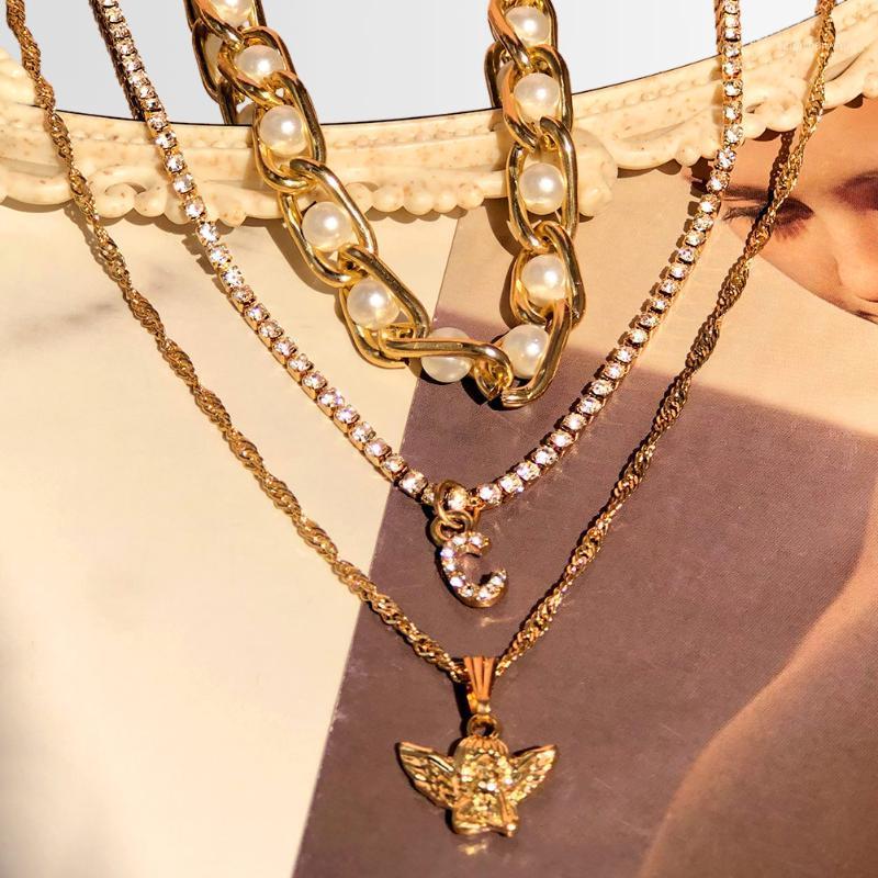 

Chains Vintage Angel Letters Crystal Tennis Chain Necklace For Women Multi-layered Imitation Pearl Metal Choker Jewelry