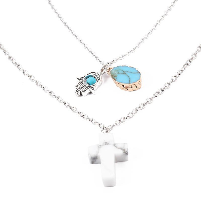 

Pendant Necklaces Multi Layer Natural Stone Cross Necklace Humsa Women Silver Plated Link Chain