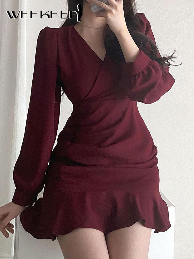 

Casual Dresses Weekeep Autumn Solid Red Dress V Neck Ruffles Long Sleeve Black Short Vintage 2022 Fashion Women Fairycore Clothing