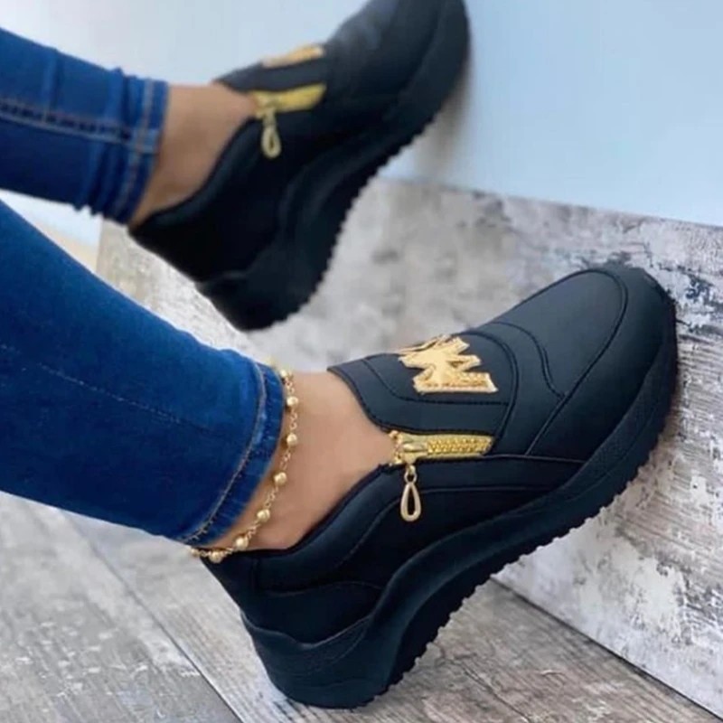 

Women Wedges Sneaker 2021 New Thick Bottom Casual Shoes Non Slip Zipper Shallow Women Shoes Solid Platform Women Vulcanize Shoes, Gg01balck