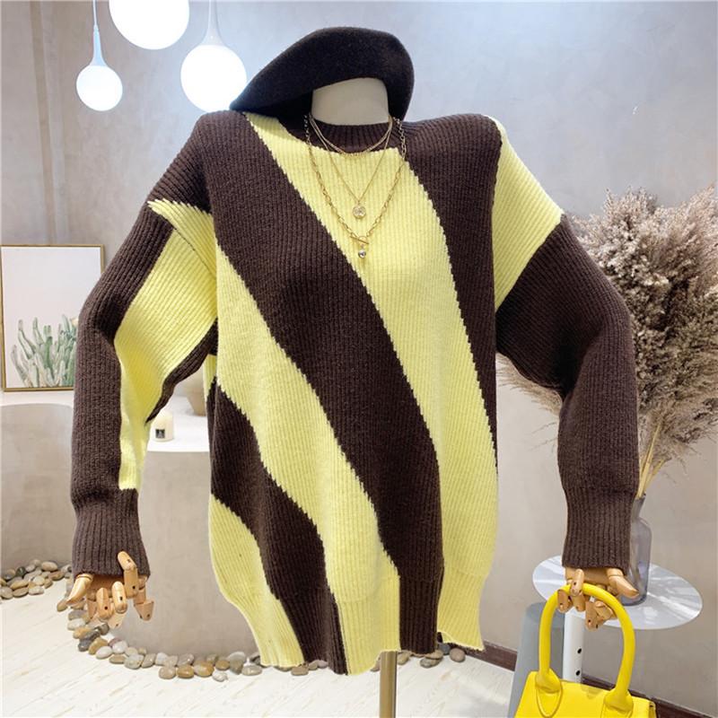 

Women's Sweaters Clothing 2021 Autumn Winter Contrast Vintage Round Neck Warm Knit Shirt Medium Length Sweater, Black