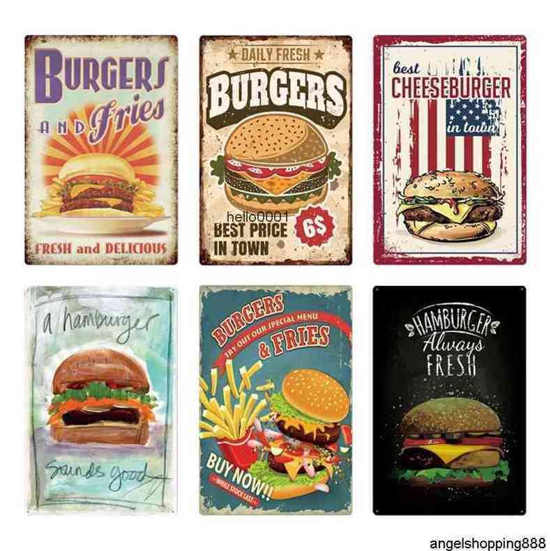 

Hamburger Plaque Vintage Fast Food Resturant Tin Wall Decor for Kitchen Cafe Diner Bar Burger Metal Signs 20x30ca