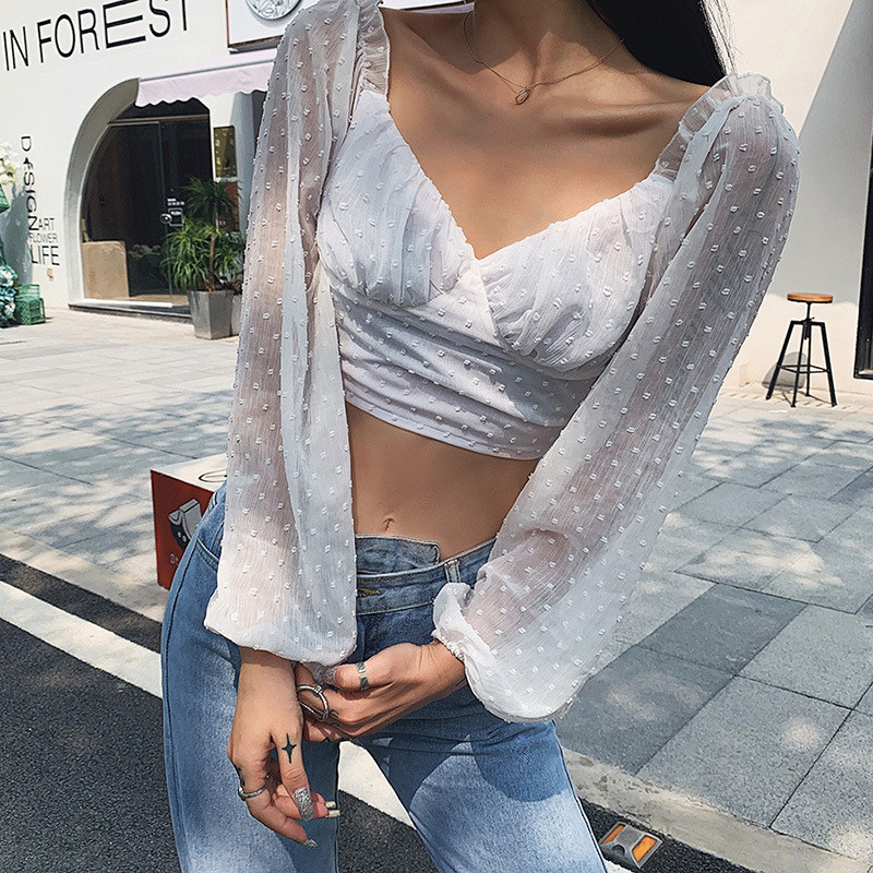 

Womens Designer V-Neck T-Shirt Long Lantern Sleeve Patchwork Ladies Tees Fashion Solid Color Slim Female Clothing, White