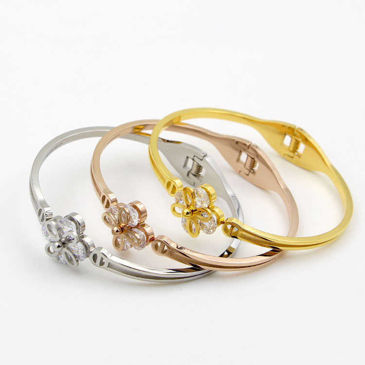 

Yun Ruo New Arrival Crystal Flower Bangle Rose Gold Color Women Birthday Gift Titanium Steel Jewelry Never Fade Q0717
