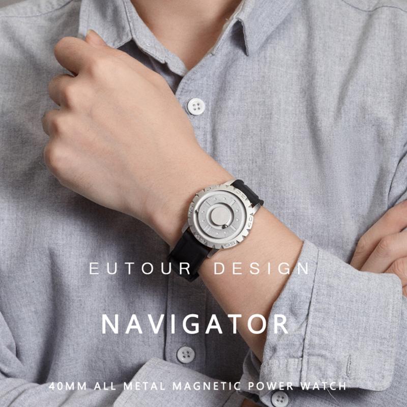 

Casual Unique Minimal Magnetic Pointer Quartz Watch Wrist Watches Round Dial Resin Strap FS99 Wristwatches, Silver