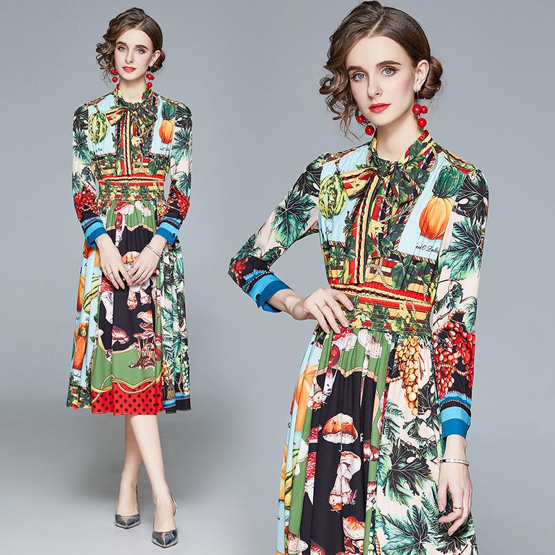 

Casual Dresses Fashion Designer Luxury Fruit Vegetable Printing Runway Dress Women Long Sleeve Bow Tie Collar Elastic Waist Vintage, Design and color