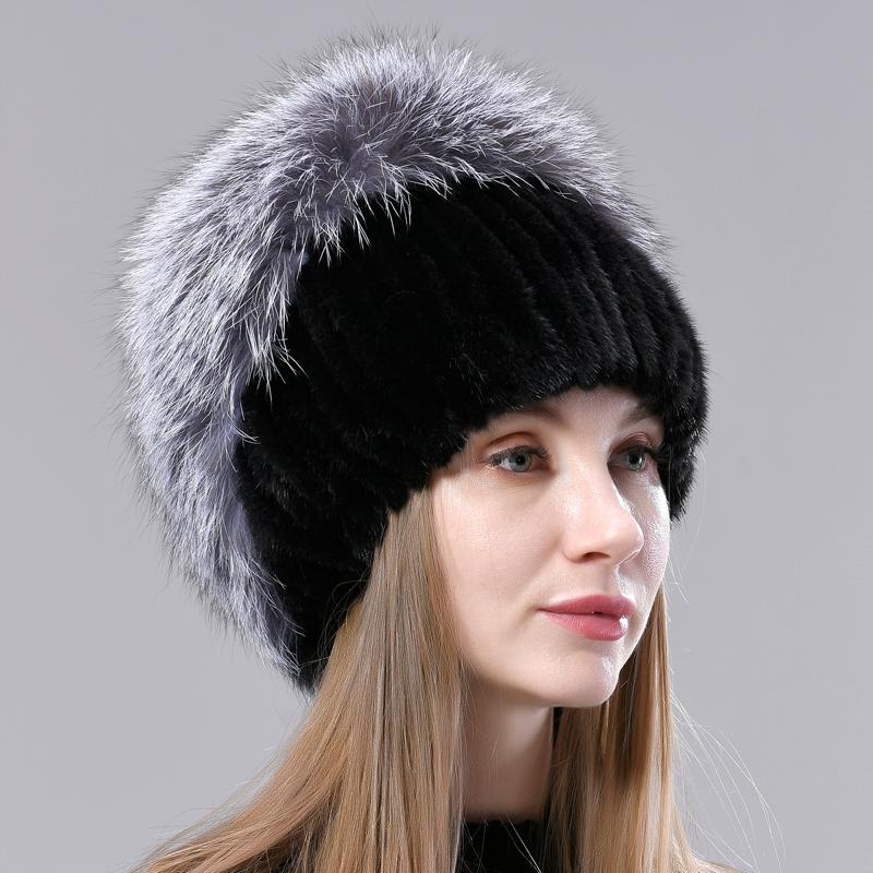 

Berets Women's Fur Hats Fluffy Winter Warm Natural Knitted Mink Tail Diamond Lady Fashion Cap Female Real Hat, Blue;gray
