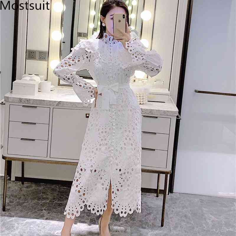 

White Lace Hollow Elegant Long Dress Women Flare Sleeve Stand Collar Buttons Splitting Dresses Ladies Fashion Vestidos 210518