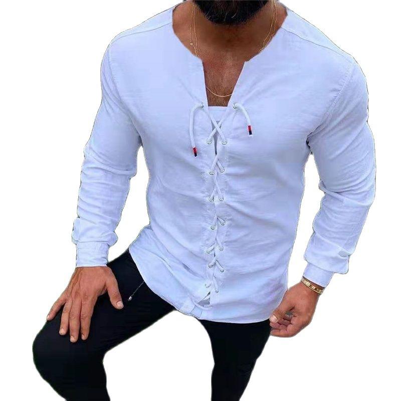 

Men's Casual Shirts Solid Color Fashion Shirt Long Sleeve Blouses Men Clothing Summer Top Pullovers Collarless White Bandage Blusas Man, Beige
