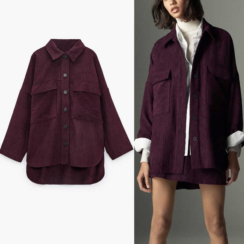 

Za Vintage Corduroy Long Shirt Women Asymmetric Overshirt Long Sleeve Plus Size Top Female Chic Patch Pocket Autumn Shirts 210602, Purple
