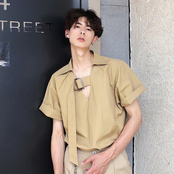 

Men's Casual Shirts 2021 Summer Short Sleeve Shirt Male Korean Trend Personality Ribbon Fashion Loose Men High Quality Clothes, Black short sleeve