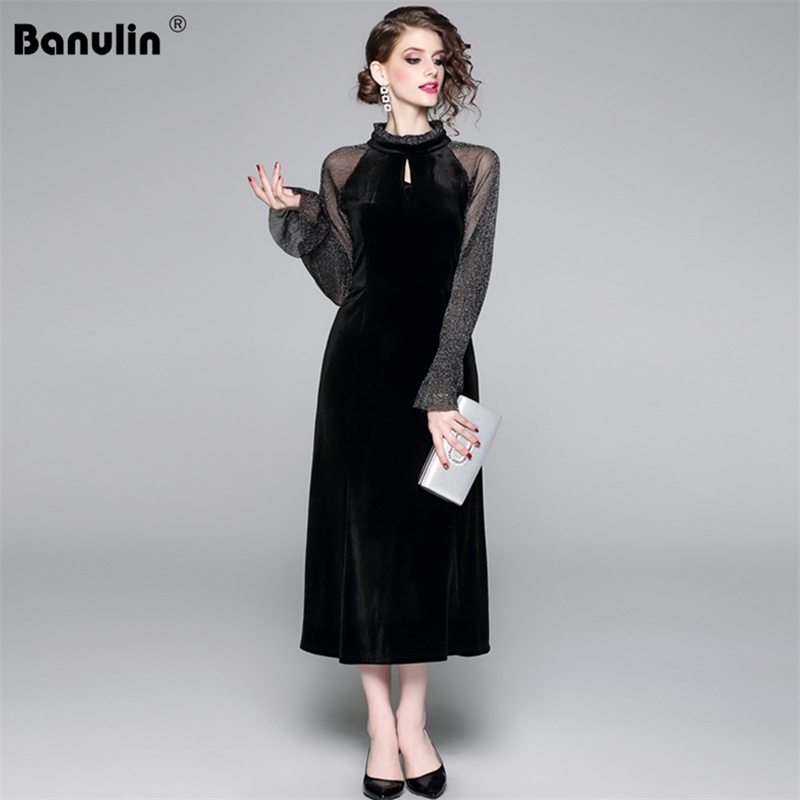 

Women Autumn Elegant Velvet Dress Festa Female Event Party Robe Shinning Mesh Patchwork Vintage Cocktail Mermaid 210603, Black