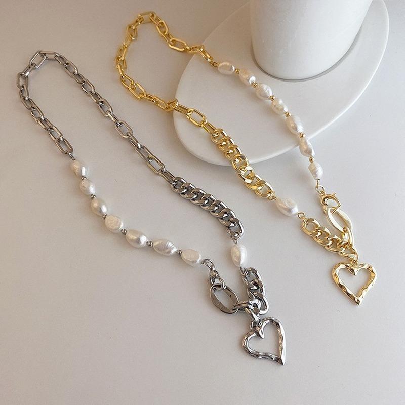 Pendant Necklaces Origin Summer Fashion Asymmetric Hollow Love Heart Pearl Necklace For Women Unique Design Chunky Chain Jewelry-image-701875097