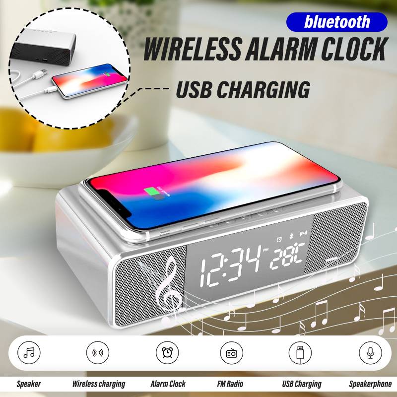 

Wireless Phone Charger Alarm Clock Watch FM Radio Table Digital Clocks Thermometer with Desktop for Home Decor