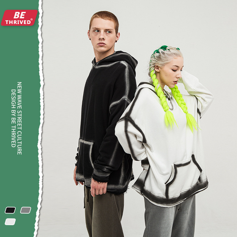 

be men | 2021 autumn and winter bone structure graffiti ink jet hooded coat dark high street brand men's sweater, Black