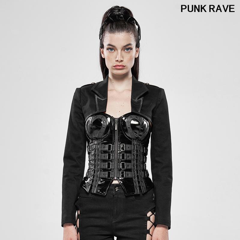 

Women's Jackets Gothic Asymmetric Hem Long Sleeve Personality Handsome Jacket Punk Military Women Cool Short Coat RAVE WY-1132XDF, Black