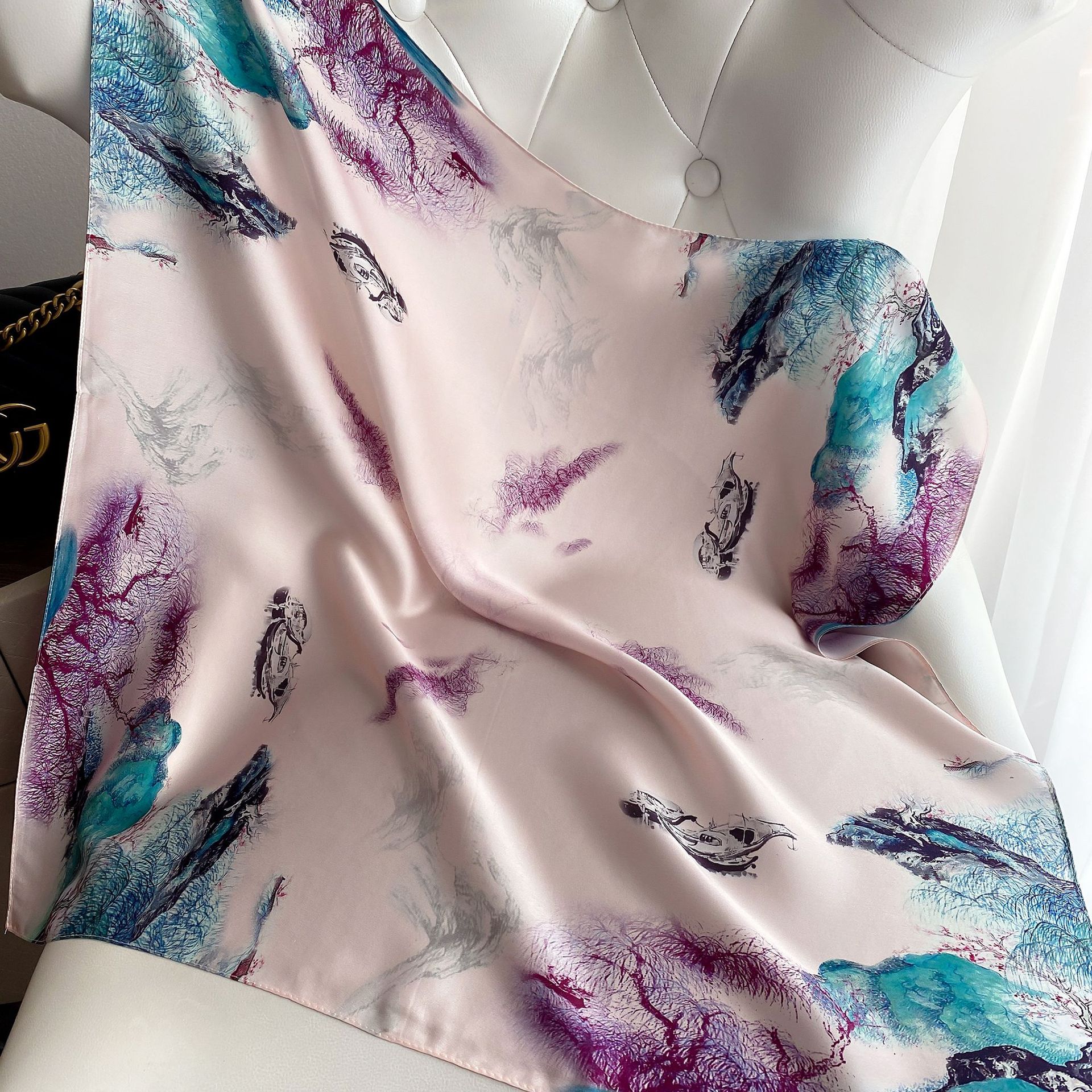 

Silk Scarf Spring Large Ribbon Hair Band Versatile Double-Sided Mulberry Silk Scarf Square Scarf Versatile Simple Handbag Handle Wrap No. 5