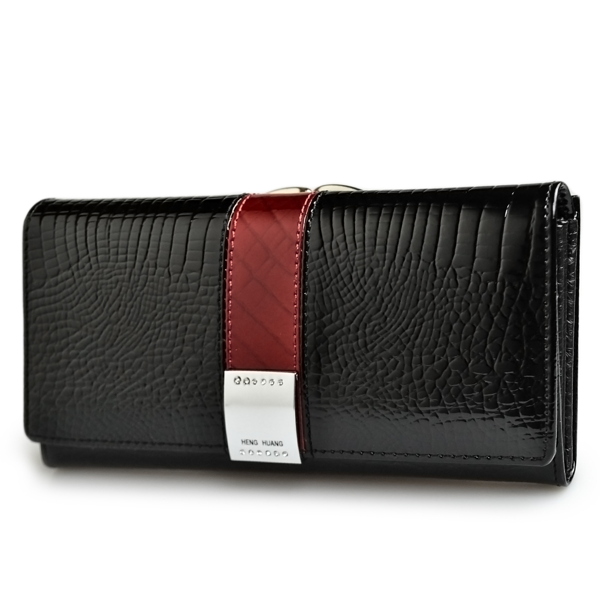 

Genuine Leather Womens Wallets Patent Alligator Bag Female Design Clutch Long Multifunctional Coin Card Holder Purses, Black