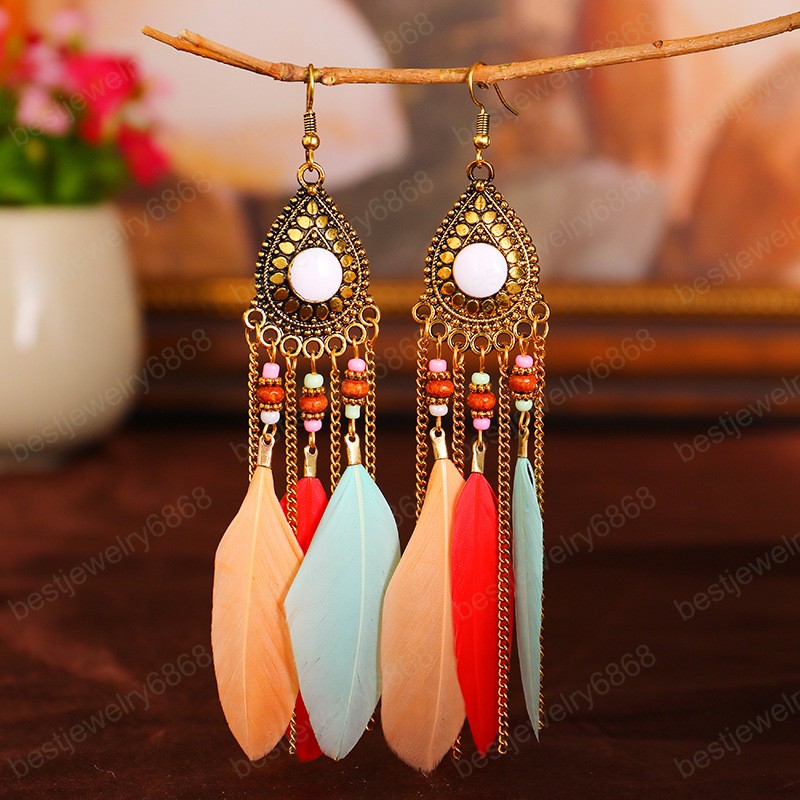 

Retro Style Women's Feather Pink Dangle Earring Ethnic Long Water Drop Rice Bead Indian Jhumka Earrings holiday Summer Jewelry