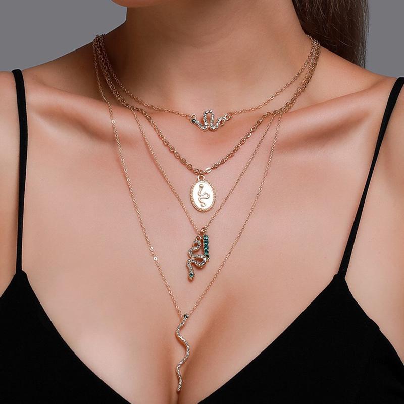 

Fashion Crystal Snake Necklace Multi-layer Four-layer Oval Pendant Sweater Chain Necklaces