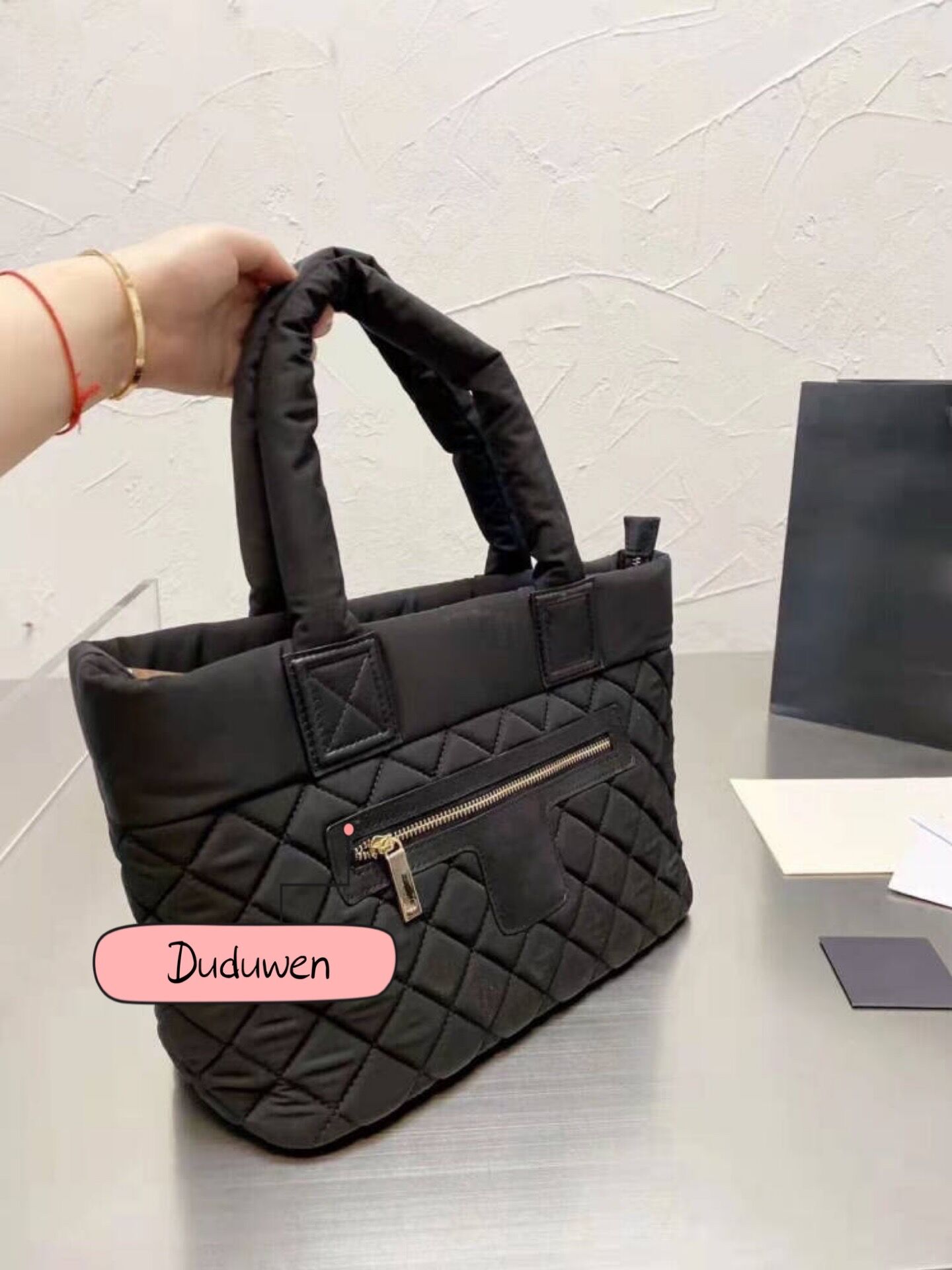 

30X22cm good quality classic black Shopping bag quilted letters C fashion beach bags zipper Travel tote Cosmetic Storage case