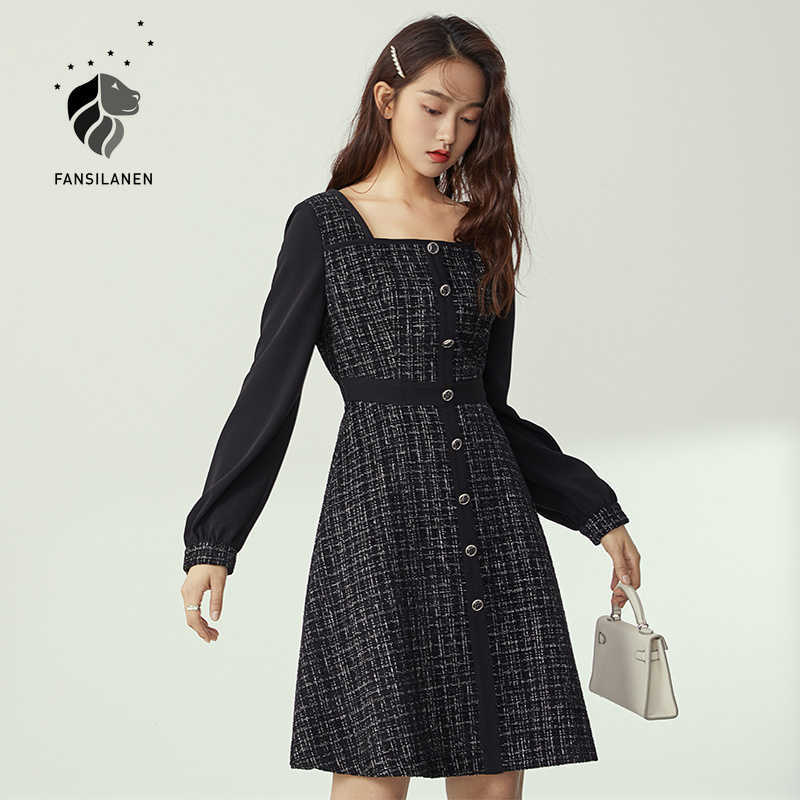 

FANSILANEN Tweed plaid short black dress Women long sleeve slim vintage Autumn winter lurex female elegant party 210607