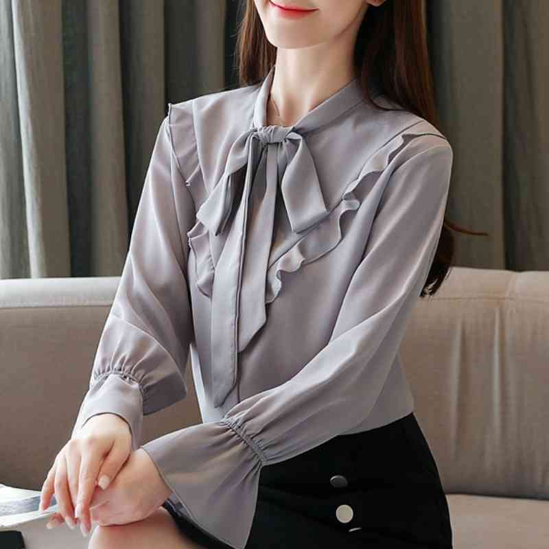 

Fashion Woman Blouses Spring Ruffles Chiffon Blouse Women Long Sleeve Women Shirts Tops Blusas Womens Tops And Blouses C418 210602, Gray