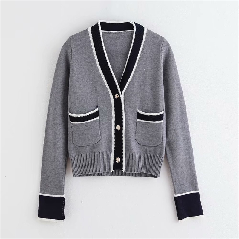 

Autumn Fashion Women Pockets Cardigans Sweet Girls Singler Breasted Sweater Coats Casual Female Streetwear 210520, Gray