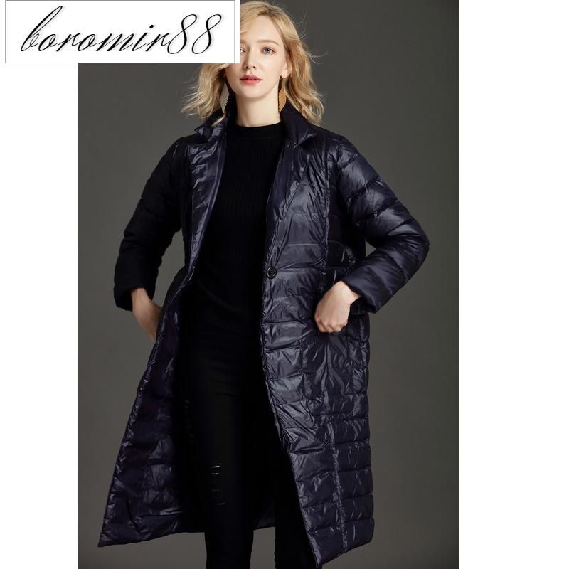 

2021 women' lightweight down jacket large pocket long casual 90 white duck, Black