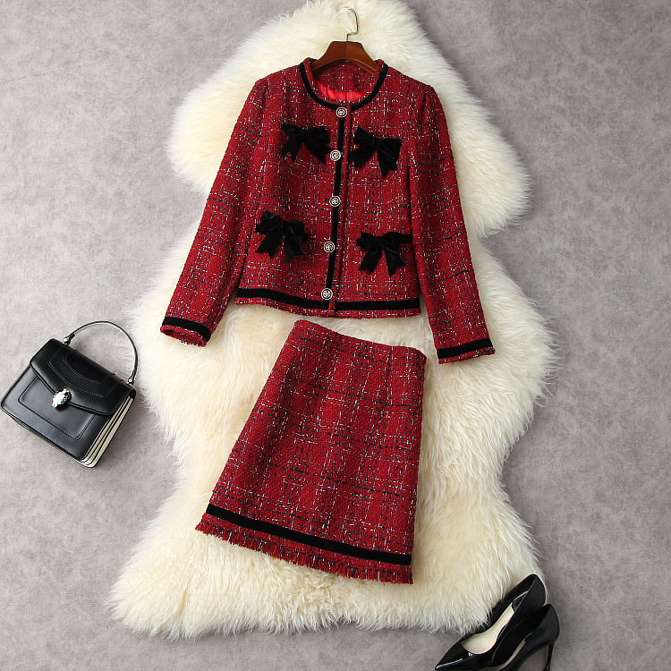 

European and American women's clothing winter 2022 new Single-breasted coat with long sleeves and bow skirts fashion Tweed suit, Red