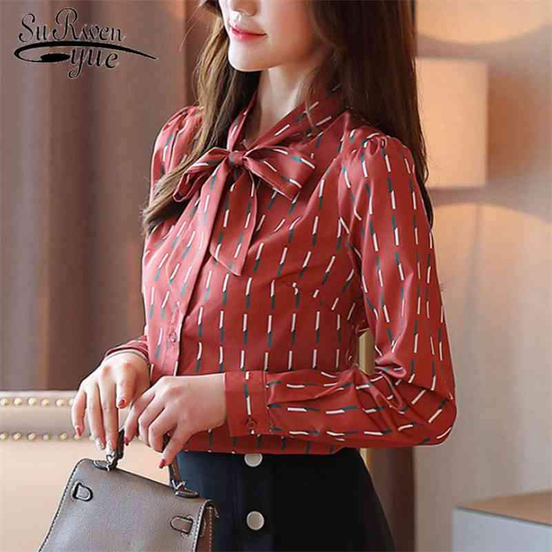 

Autumn Fashion Women Chiffon Blouses Casual Stripe Women Clothing Long Sleeve V-neck Women Top Blusas Mujer De Moda 6379 50 210518, Brickred
