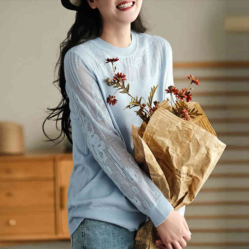 

Johnature Spring Knitted Women Clothes Vintage O-Shirts Hollow Out Full Sleeve Loose Soft T-shirts Casual Female Tops 210521, Blue