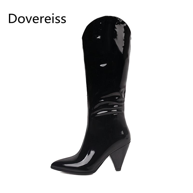 

Boots Winter For Woman Fashion Pointed Toe Consice Shoes Pure Color Rose Red Yellow Block Heels Knee High 31-48, Black